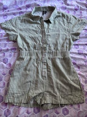 Vero Moda Olive Green and White Striped Button Romper